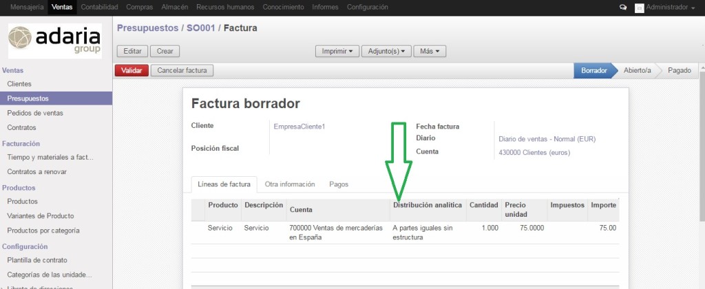 Factura de Ventas Odoo OpenERP con asignación ingresos a la Analítica