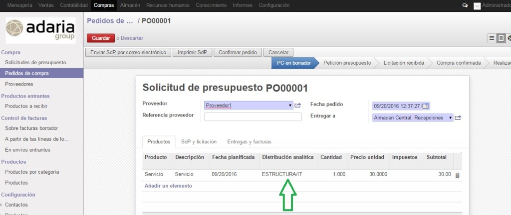 Pedido de Compra en odoo con asignación de coste a uno o varios Centros de Coste